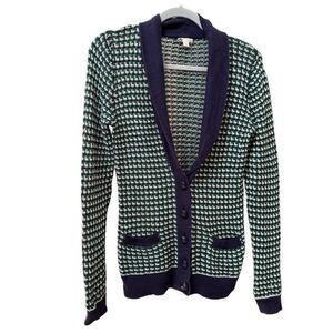 BP (L) woven cotton waffle cardigan sweater button down, navy and green, large